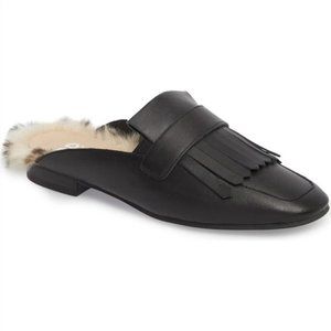 BP Morgan Genuine Leather Kiltie Fringe Faux Leopard Fur Mule Loafers Black 8